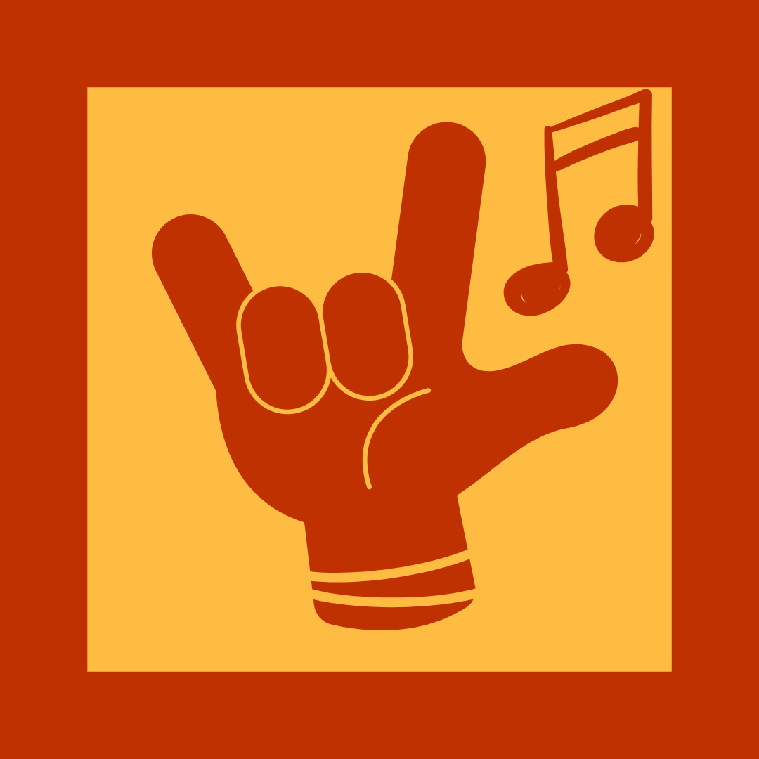 illustration of a hand showing love in sign language and a music note